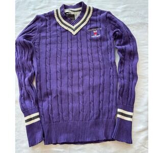 Renu Bruzen‎ UVIC Purple Cable Knit V Neck Sweater Sz M womens collegiate preppy